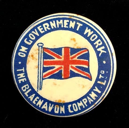 WW1 Blaenavon Co Ltd On Government Work tin button badge