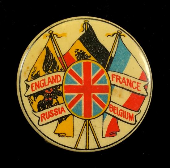 WW1 United We Stand England France Belgium Russia flag button badge