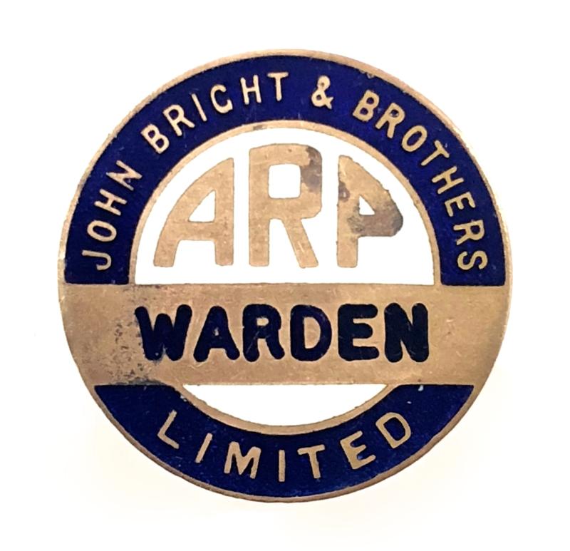 John Bright & Brothers Ltd ARP WARDEN air raid precautions badge