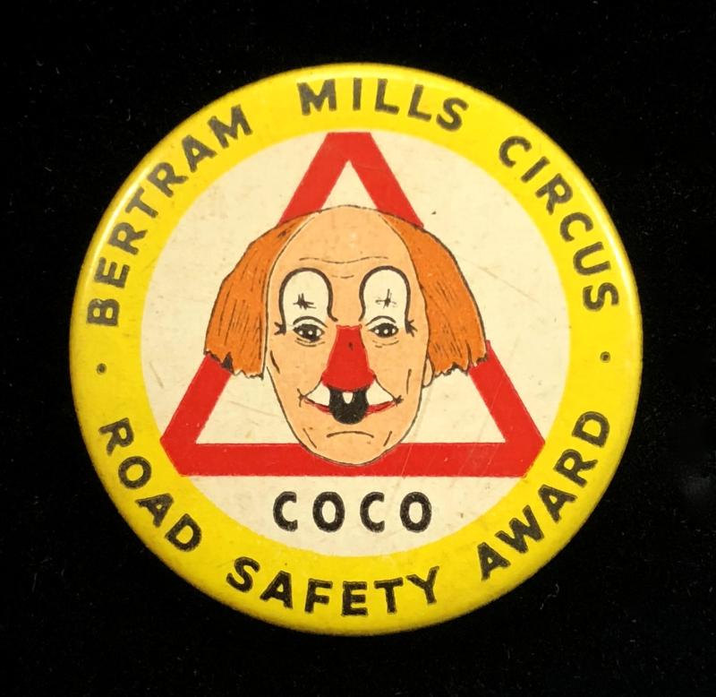 Bertram Mills Circus Coco The Clown Road Safety Award tin button badge