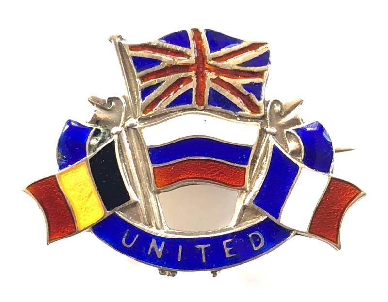 WW1 UNITED WE STAND Britain France Belgium Russia Flags patriotic silver pin badge