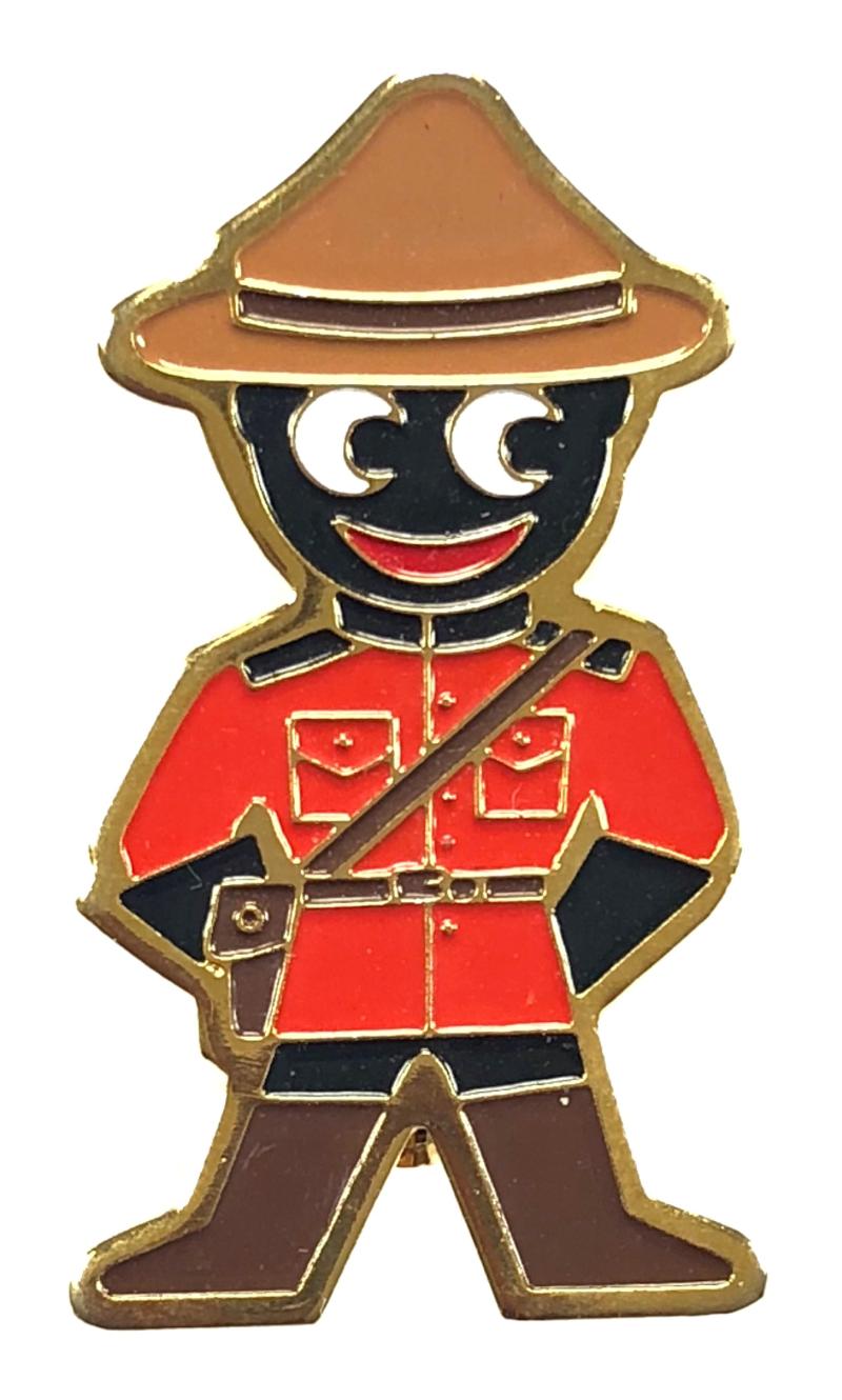 Robertsons c1980 Golly Canadian Mountie advertising badge light brown hat