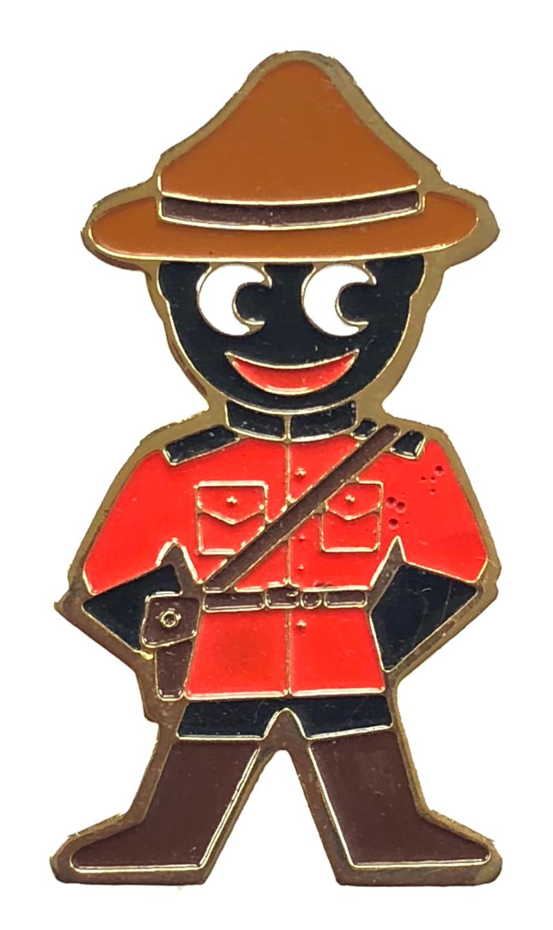 Robertsons 1980's Golly Canadian Mountie advertising badge dark brown hat