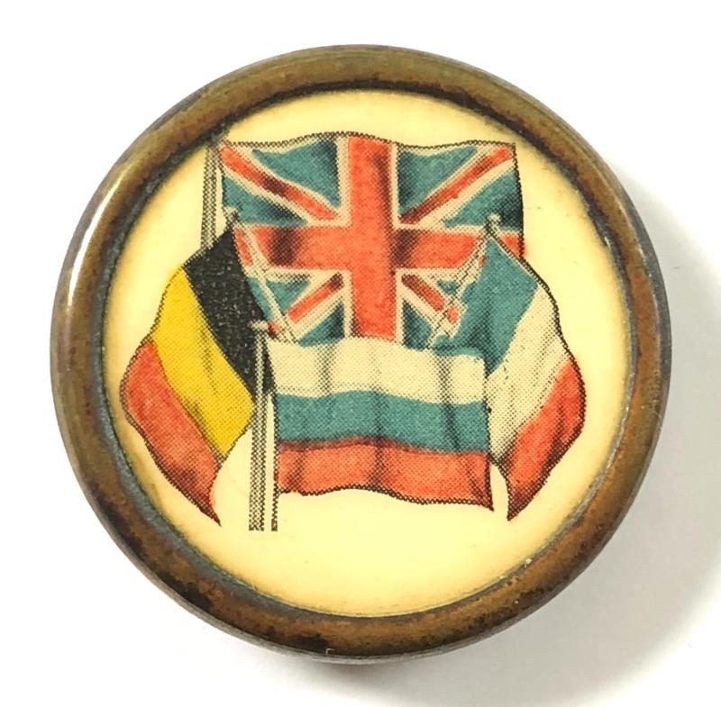 WW1 United We Stand England France Belgium Russian flag tin badge