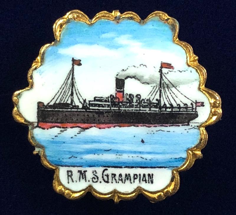 RMS Grampian hand painted enamel picture brooch 1907 to 1925