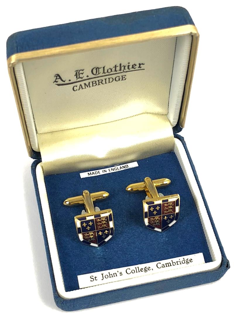 St John's College Cambridge Cufflinks housed in retailer A.E. CLOTHIER CAMBRIDGE case