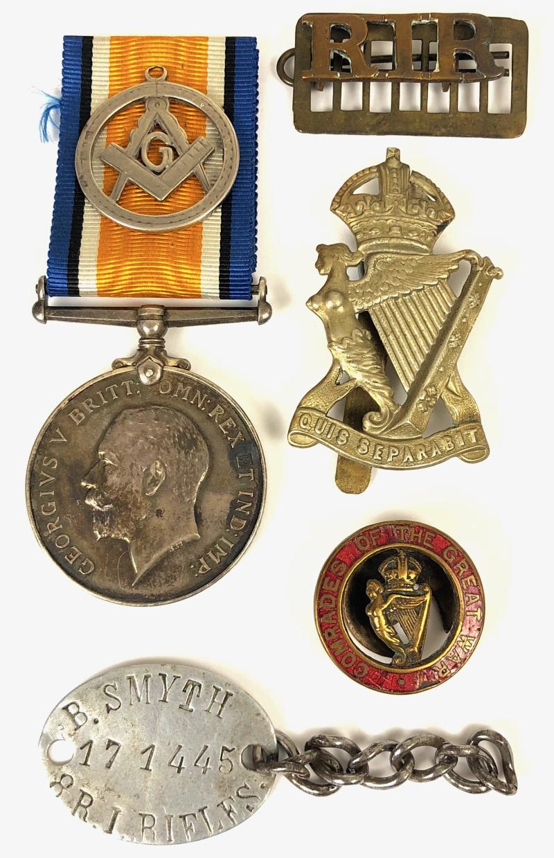 WW1 Royal Irish Rifles British War Medal, Cap Badge, RIR Title, ID Bracelet