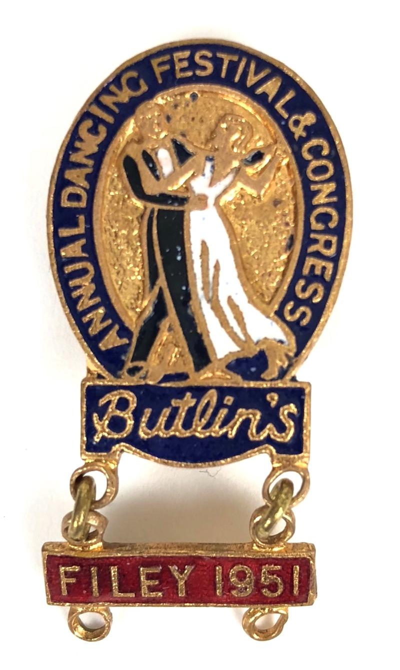 Butlins Annual Dancing Festival and Congress badge red dangler Filey 1951