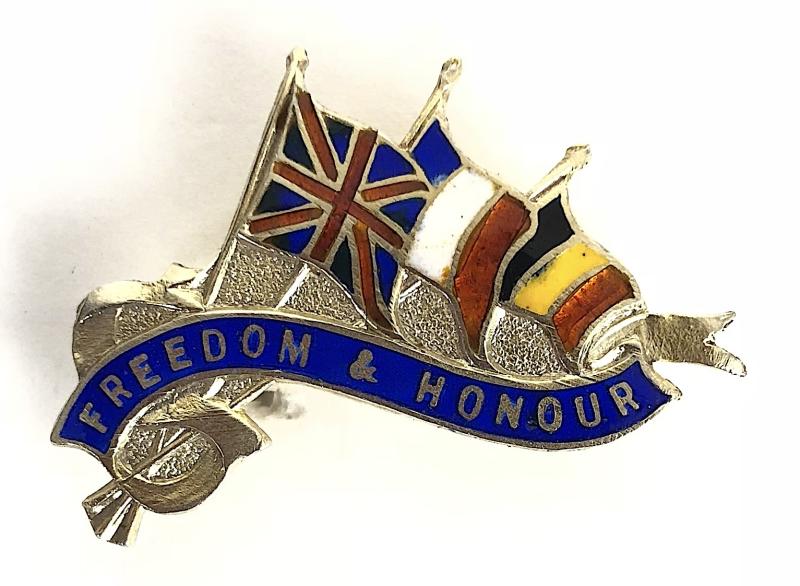 United We Stand Britain France Belgium flags 1914 hallmarked silver badge