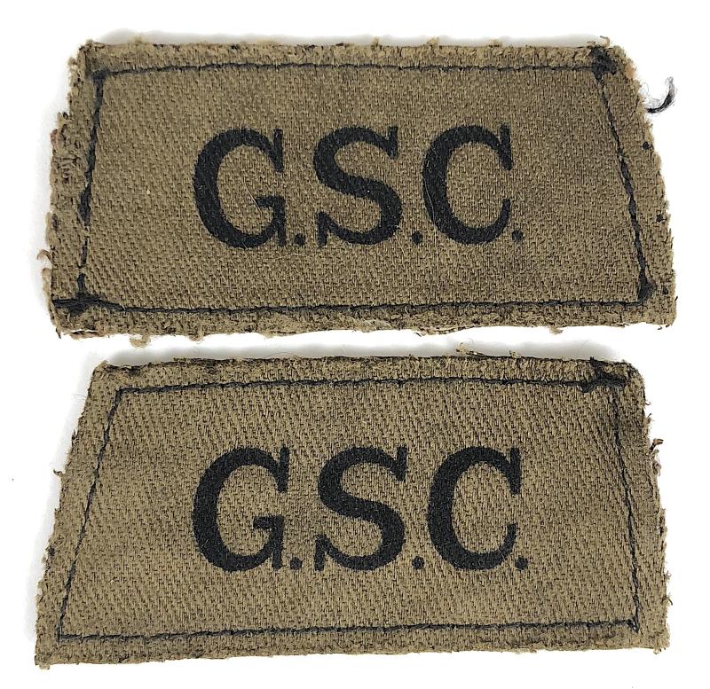 General Service Corps GSC khaki printed pair of slip on title badges c1942