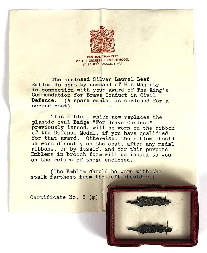 King's Commendation for Brave Conduct Silver Oak Leaf badges in Box of Issue