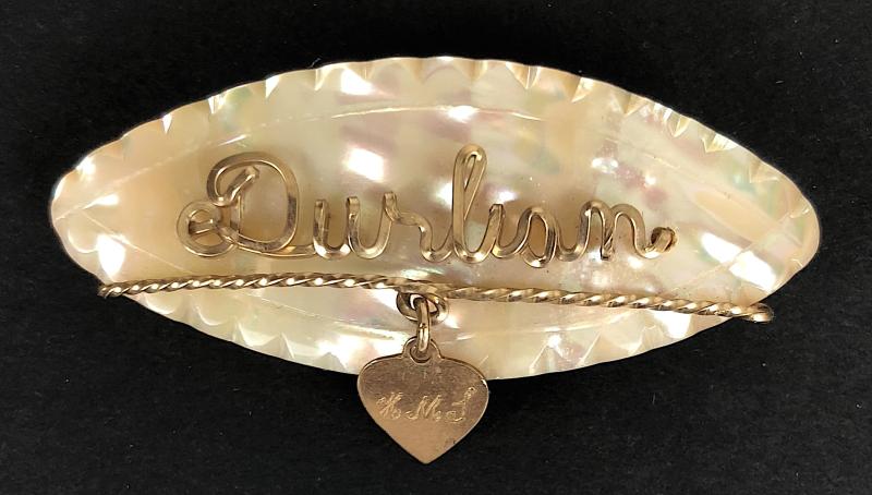 Royal Navy Ship HMS Durban wire work mother of pearl pin badge