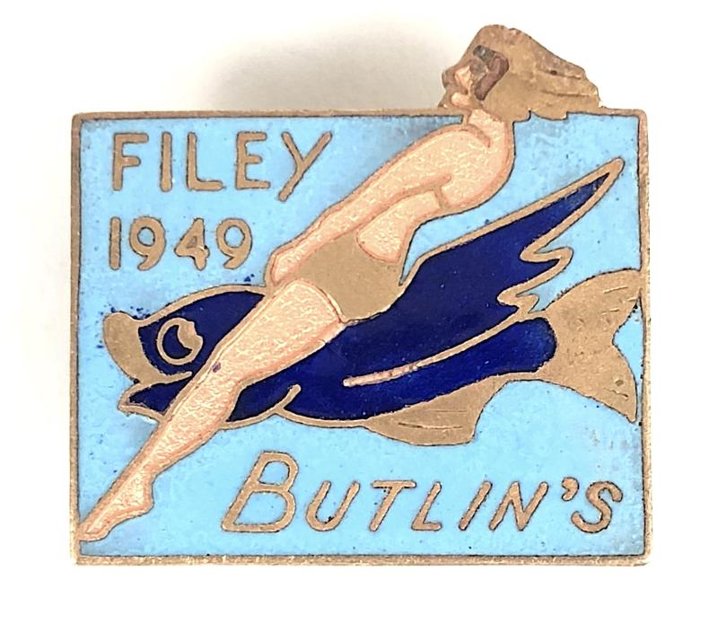 Butlins 1949 Filey Holiday Camp Girl Riding A Fish Badge