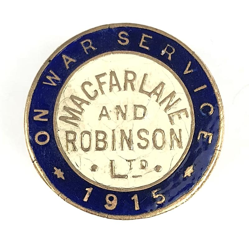 Macfarlane & Robinson Ltd 1915 On War Service Badge Wolverhampton Glasgow London