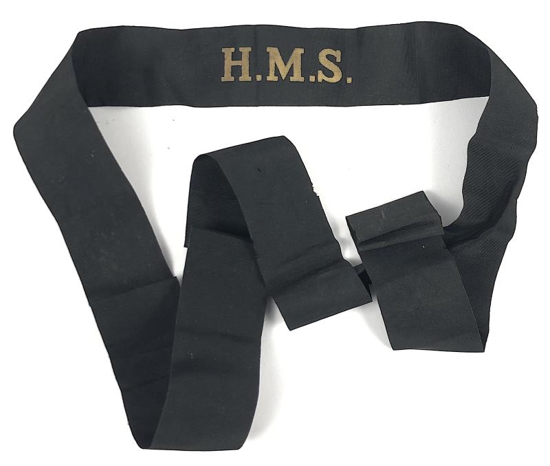 Royal Navy H.M.S. Wartime Economy Issue Printed Cap Tally Ribbon approx 90mm.