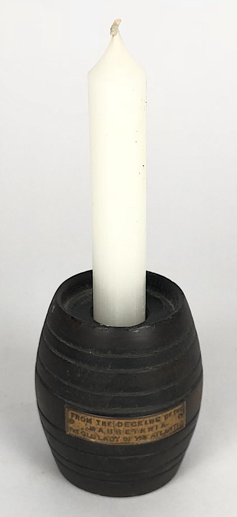 RMS Mauretania teakwood barrel candle stick reclaimed from the Cunard-White Star Line Ship 1907-1934