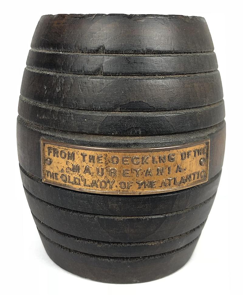 RMS Mauretania teakwood barrel candle stick reclaimed from the Cunard-White Star Line Ship 1907-1934