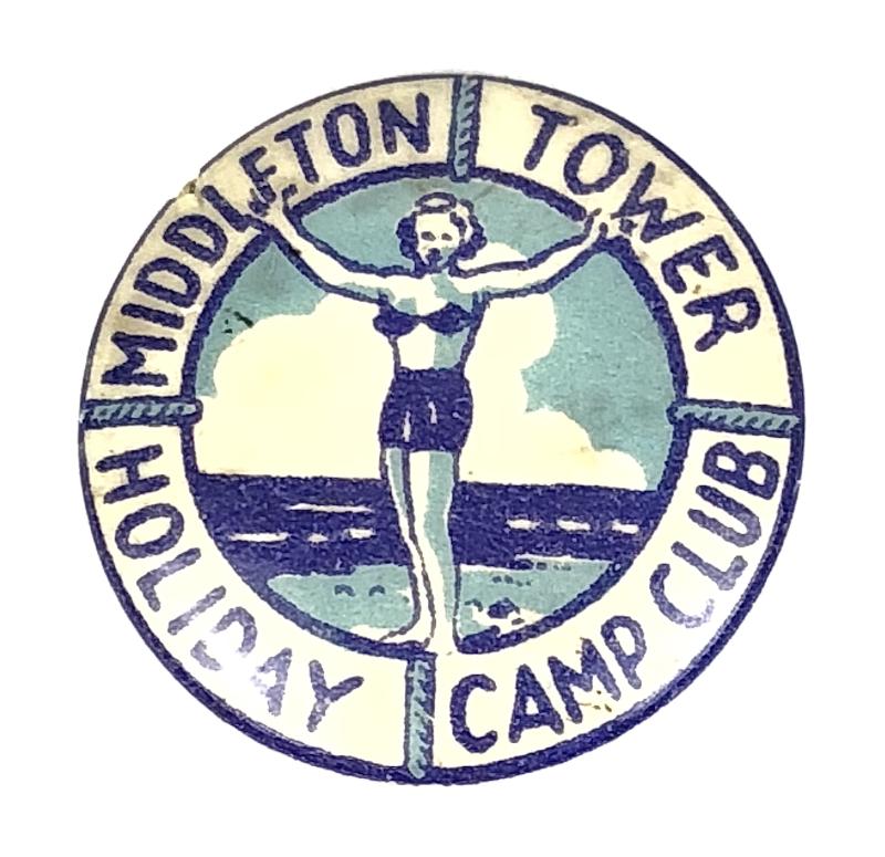 Middleton Tower Holiday Camp Club celluloid tin button badge nr Morecambe Lancashire