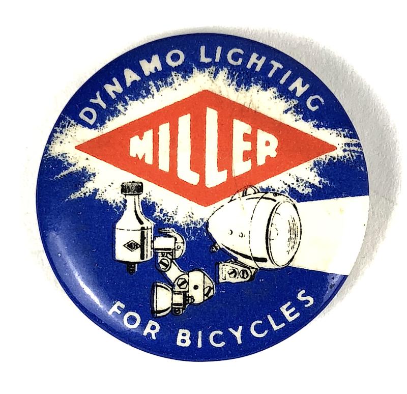 Miller Dynamo Lighting for Bicycles advertising tin button badge