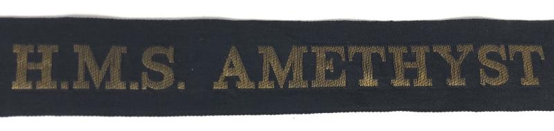Royal Navy H.M.S. Amethyst cap tally silk ribbon badge approx 88mm.