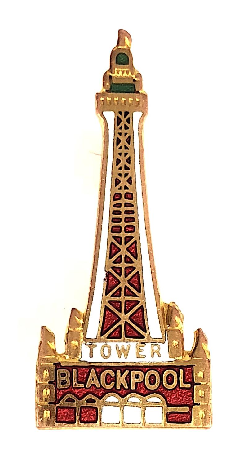 Blackpool Tower red and white enamel souvenir pin badge by H.W. MILLER