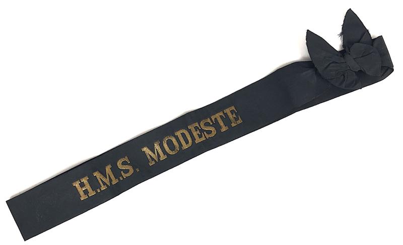 Royal Navy HMS Modeste cap tally ribbon tied in a bow 1944 - 1961