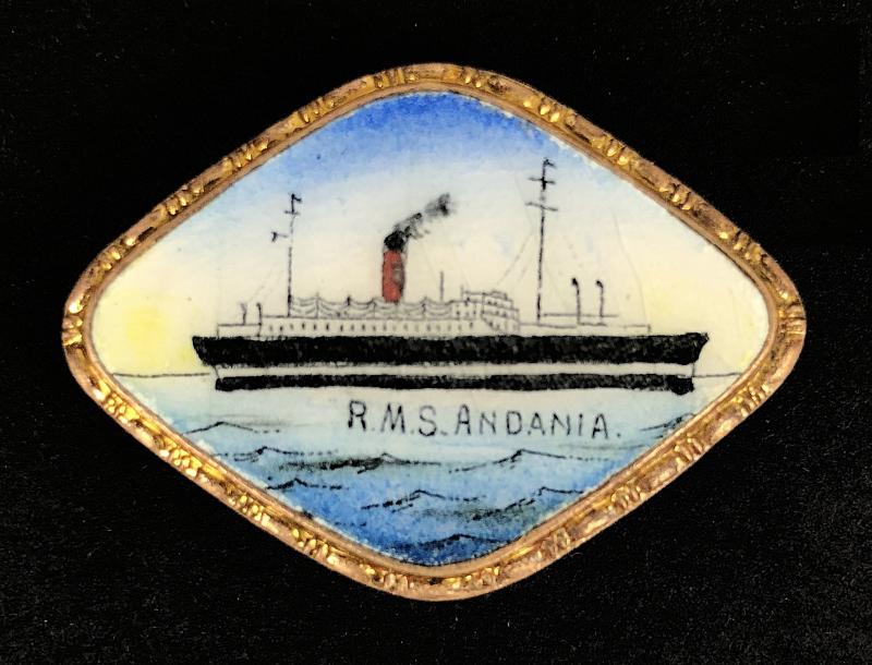 R.M.S. Andania Cunard White Star gilt & enamel picture badge