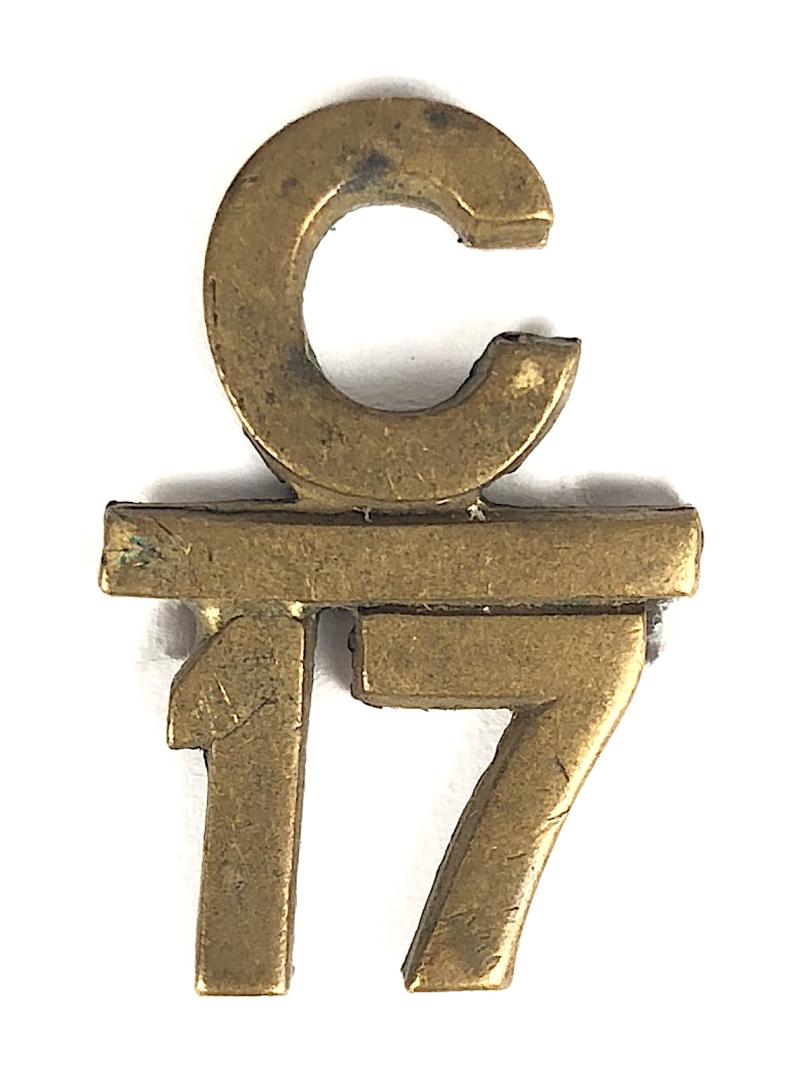 Canadian 17th Infantry Battalion CEF brass collar badge