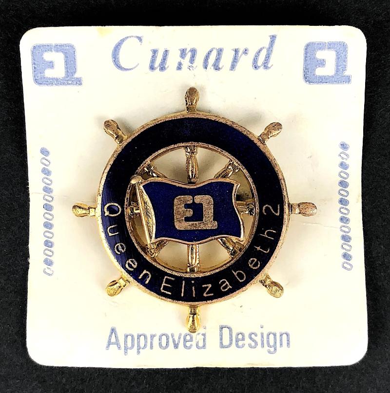 Queen Elizabeth 2 Cunard Line ships wheel badge with display card